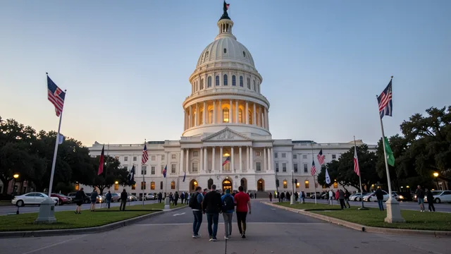 O Capitólio do Texas em Austin ao entardecer, com eleitores caminhando nas proximidades.