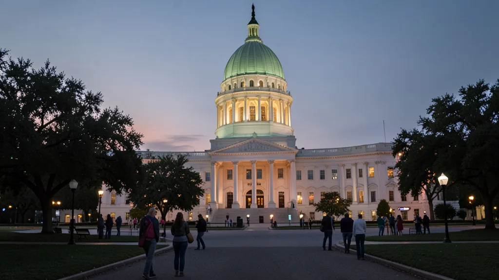 Imagem gerada por IA: Capitólio do Texas em Austin ao entardecer, durante o período de campanha eleitoral.