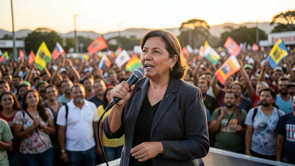 Mulher discursa ao microfone em um comício, diante de uma multidão reunida à noite.