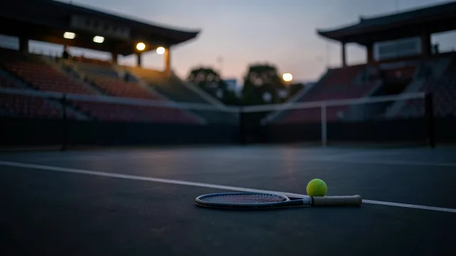Raquete e bola em uma quadra de tênis vazia, com arquibancadas desfocadas ao fundo.