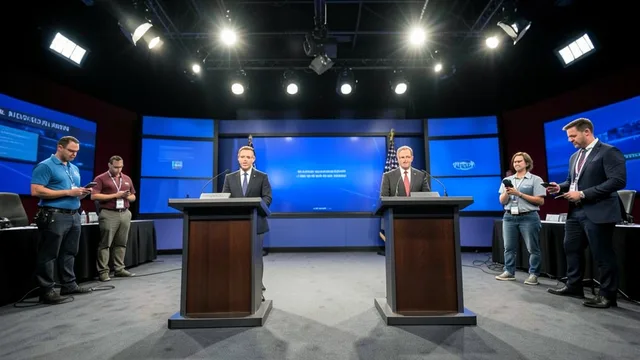 Imagem gerada por IA: Estúdio de debate político preparado, com púlpitos vazios e integrantes de campanha olhando celulares.