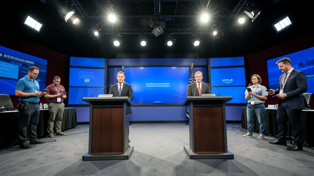Imagem gerada por IA: Estúdio de debate político preparado, com púlpitos vazios e integrantes de campanha olhando celulares.