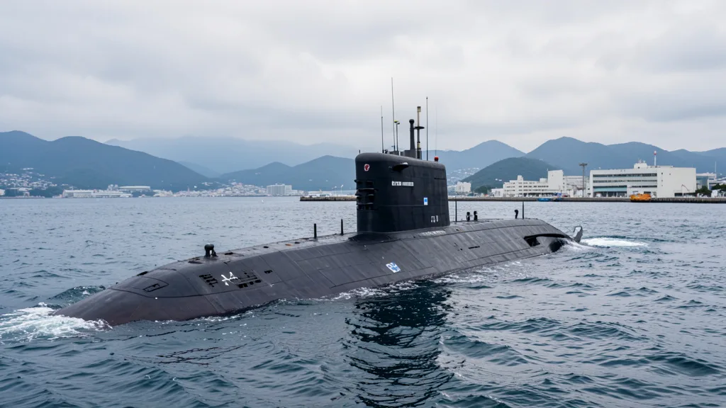 Imagem gerada por IA: Submarino convencional navegando perto da costa japonesa.