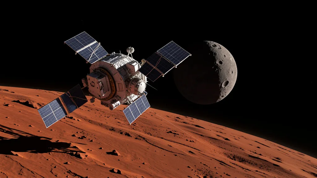 Imagem gerada por IA: Sonda espacial se aproxima de Fobos, com Marte ao fundo.