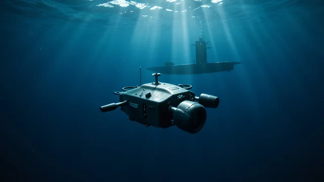 Imagem gerada por IA: Drone subaquático autônomo se desloca pelo oceano, com a silhueta distante de um submarino.