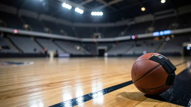 Imagem gerada por IA: Bola de basquete e joelheira à beira de uma quadra vazia.