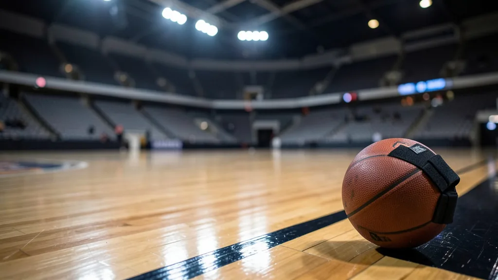 Imagem gerada por IA: Bola de basquete e joelheira à beira de uma quadra vazia.