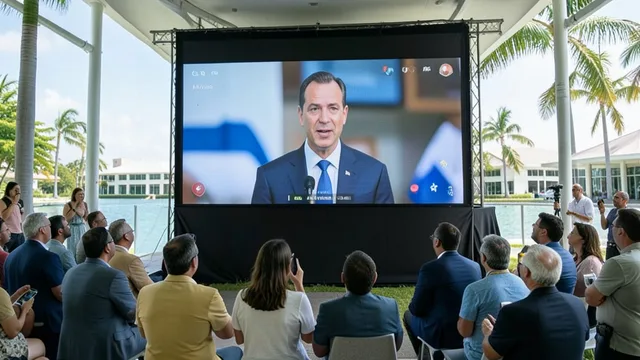 Imagem gerada por IA: Público acompanha em uma tela um pronunciamento de Javier Milei em um evento político em Miami.