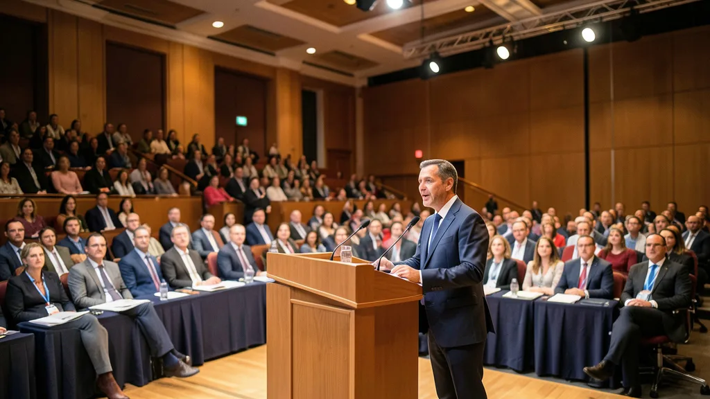 Imagem gerada por IA: Javier Milei discursa em um fórum econômico diante de uma plateia em Madri.