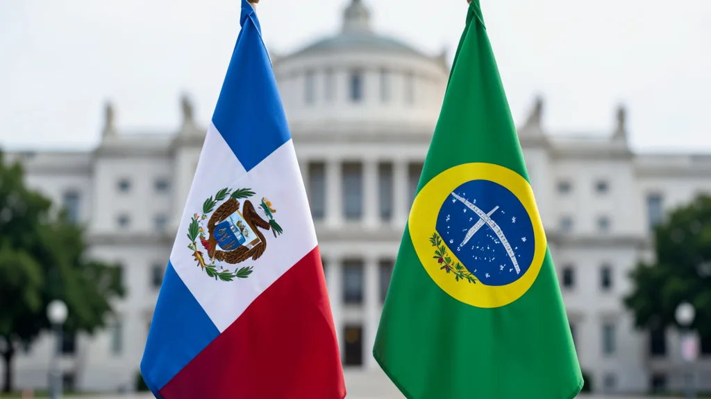 Bandeiras da Argentina e do Brasil lado a lado diante de um edifício oficial.