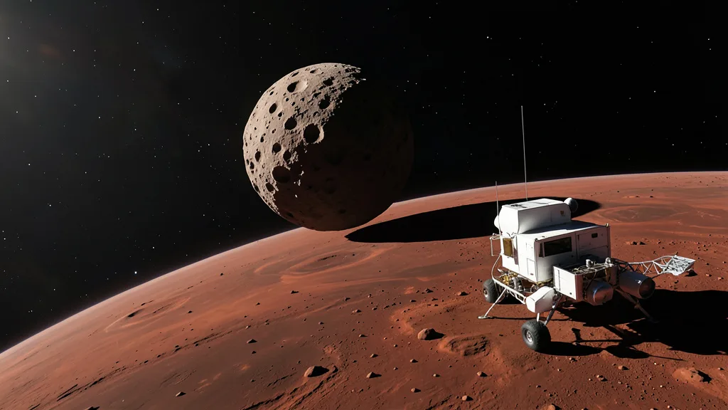 Imagem gerada por IA: Representação realista de uma sonda científica próxima à superfície craterada de Phobos, com Marte ao fundo.