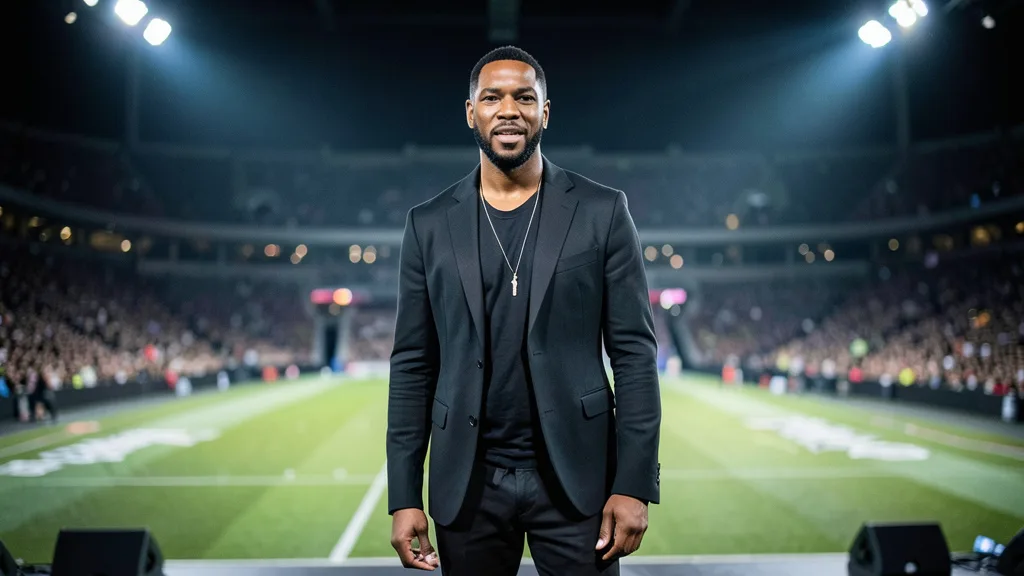 Imagem gerada por IA: Jay-Z em um palco de estádio iluminado, com o campo e o público ao fundo.