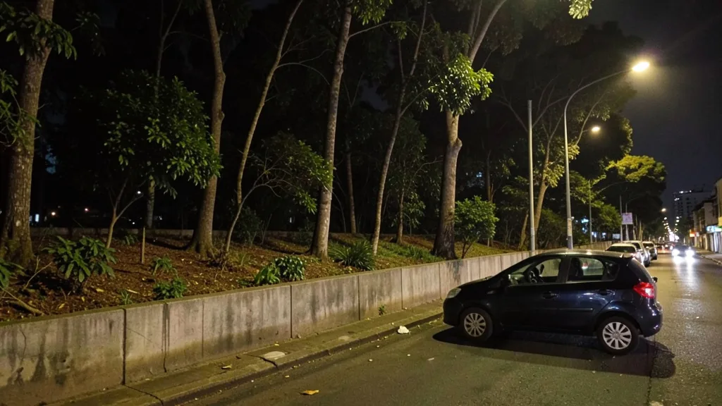 Imagem gerada por IA: Carro escuro em uma rua próxima a uma área de mata na zona oeste de São Paulo.