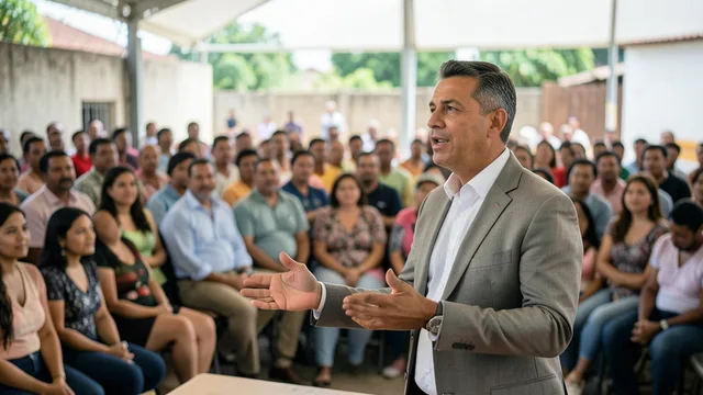 Imagem gerada por IA: Candidato recém-eleito discursa em um evento diante de apoiadores.