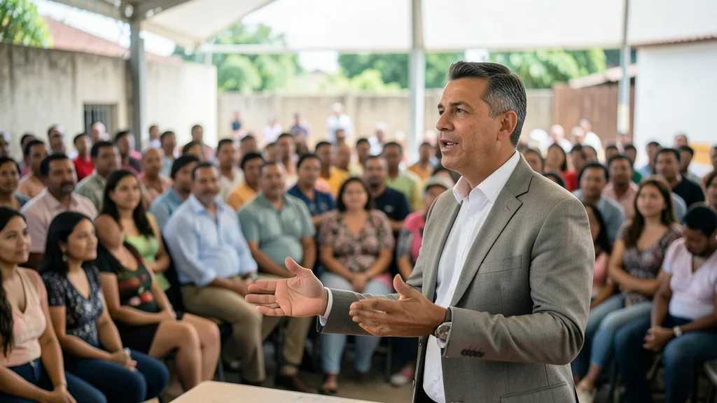 Imagem gerada por IA: Candidato recém-eleito discursa em um evento diante de apoiadores.