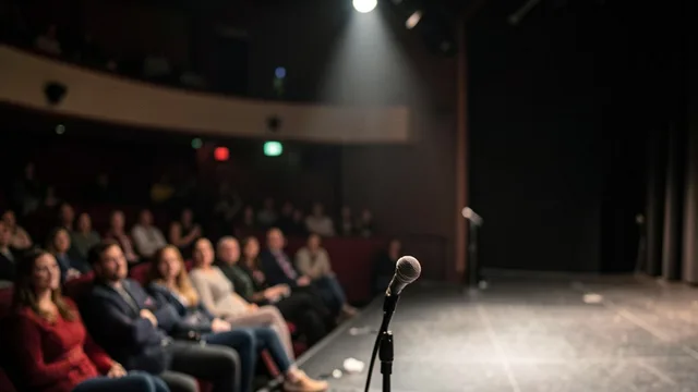 Imagem gerada por IA: Microfone em um palco de teatro iluminado, com a plateia ao fundo.