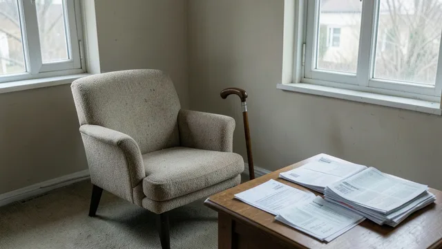 Poltrona vazia, bengala e contas sobre uma mesa em uma casa.