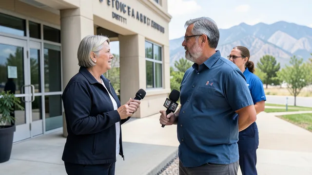 Imagem gerada por IA: Casal conversa com jornalistas do lado de fora de um escritório congressional em Colorado Springs.
