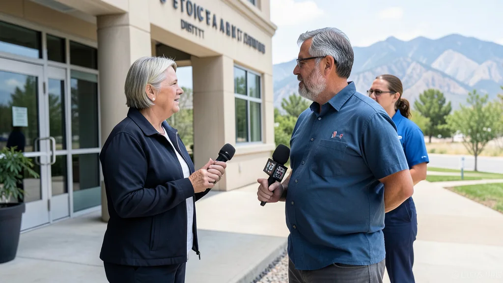 Imagem gerada por IA: Casal conversa com jornalistas do lado de fora de um escritório congressional em Colorado Springs.