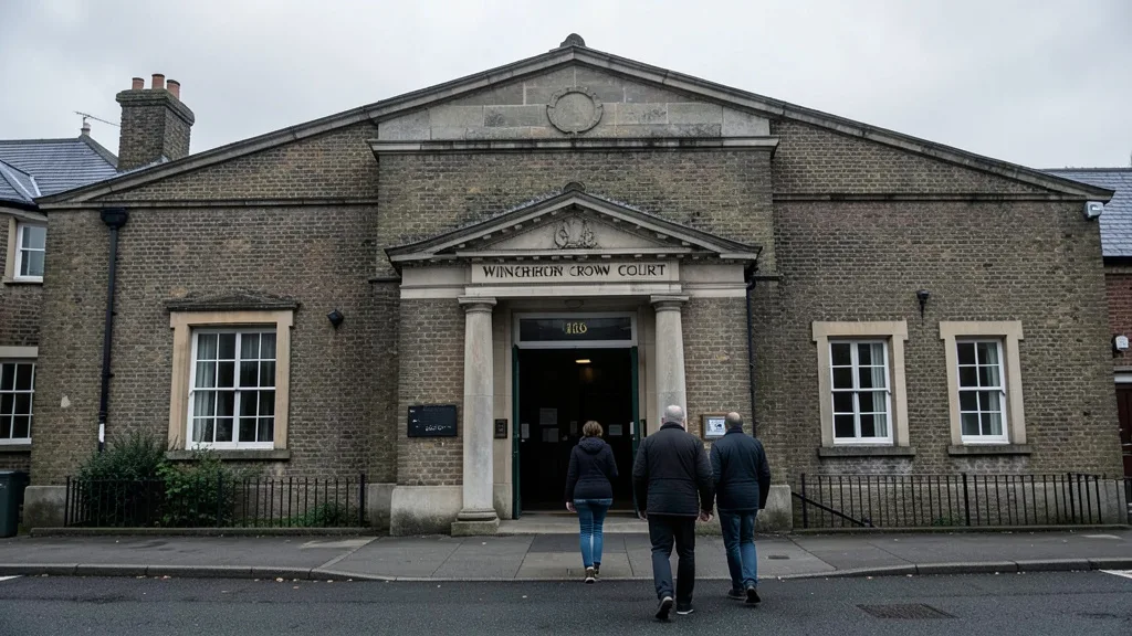 Imagem gerada por IA: Pessoas caminham diante do Tribunal de Winchester, na Inglaterra.