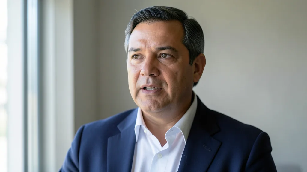 Imagem gerada por IA: João Amoêdo durante uma entrevista em ambiente interno.