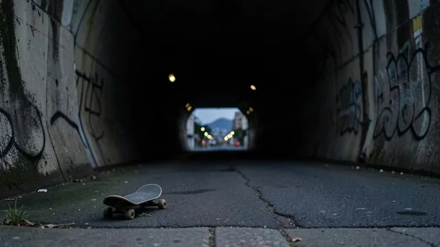 Imagem gerada por IA: Skate apoiado perto da entrada de um túnel urbano ao entardecer.