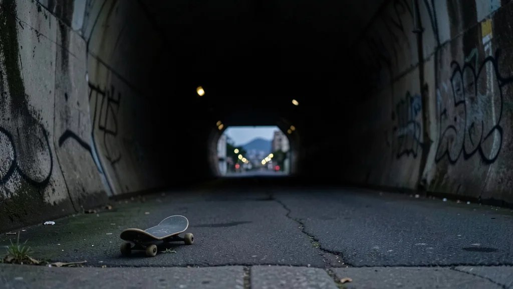 Imagem gerada por IA: Skate apoiado perto da entrada de um túnel urbano ao entardecer.
