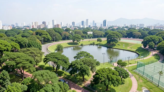 Imagem gerada por IA: Área verde com lago e caminhos dentro de um hipódromo, com a pista de corrida ao fundo.