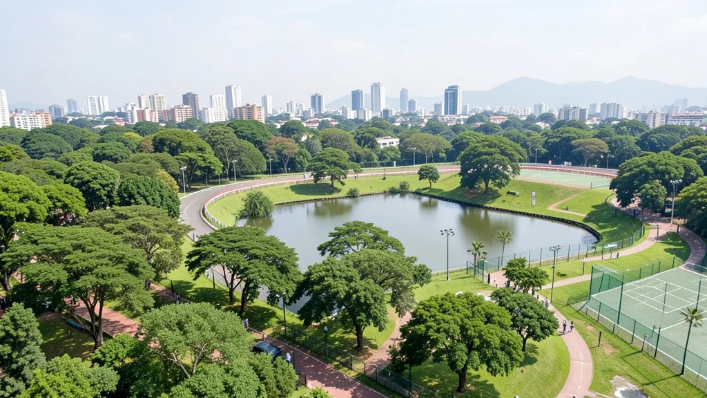 Imagem gerada por IA: Área verde com lago e caminhos dentro de um hipódromo, com a pista de corrida ao fundo.