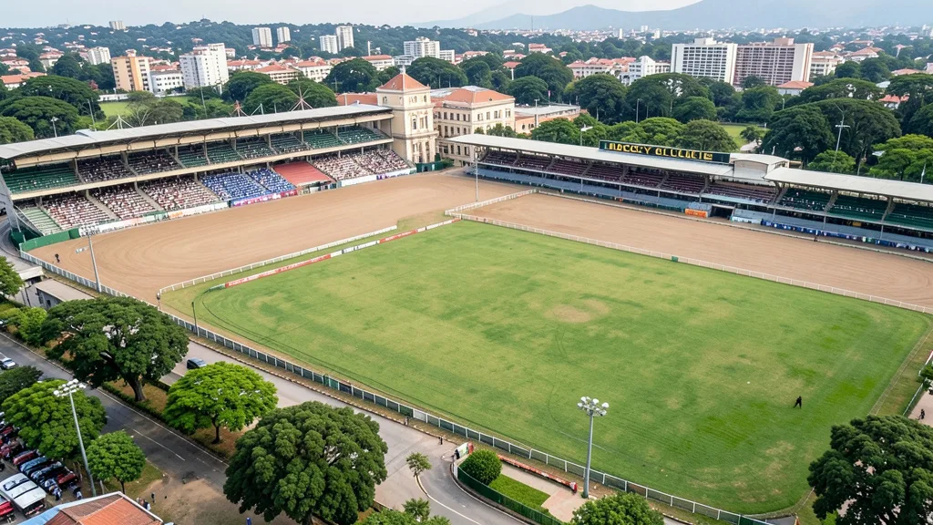 Imagem gerada por IA: Vista do hipódromo e das áreas verdes do Jockey Club de São Paulo