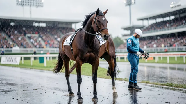 Imagem gerada por IA: Cavalo de corrida em uma pista molhada, com arquibancadas desfocadas ao fundo.