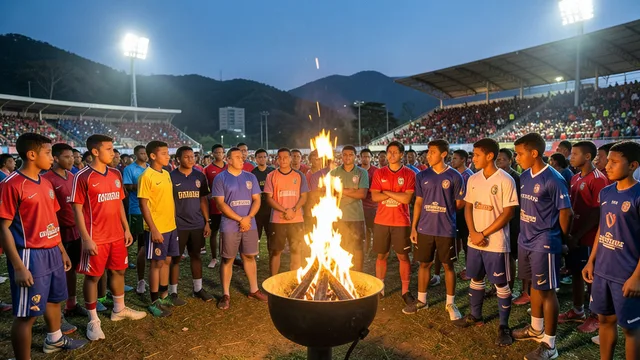 Imagem gerada por IA: Pira acesa em cerimônia de abertura de uma competição esportiva juvenil, com atletas reunidos ao fundo.