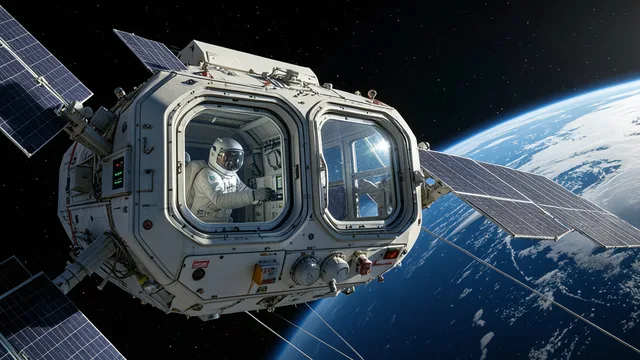 Imagem gerada por IA: Estação espacial comercial em órbita, com a Terra ao fundo e um astronauta visível pela janela.