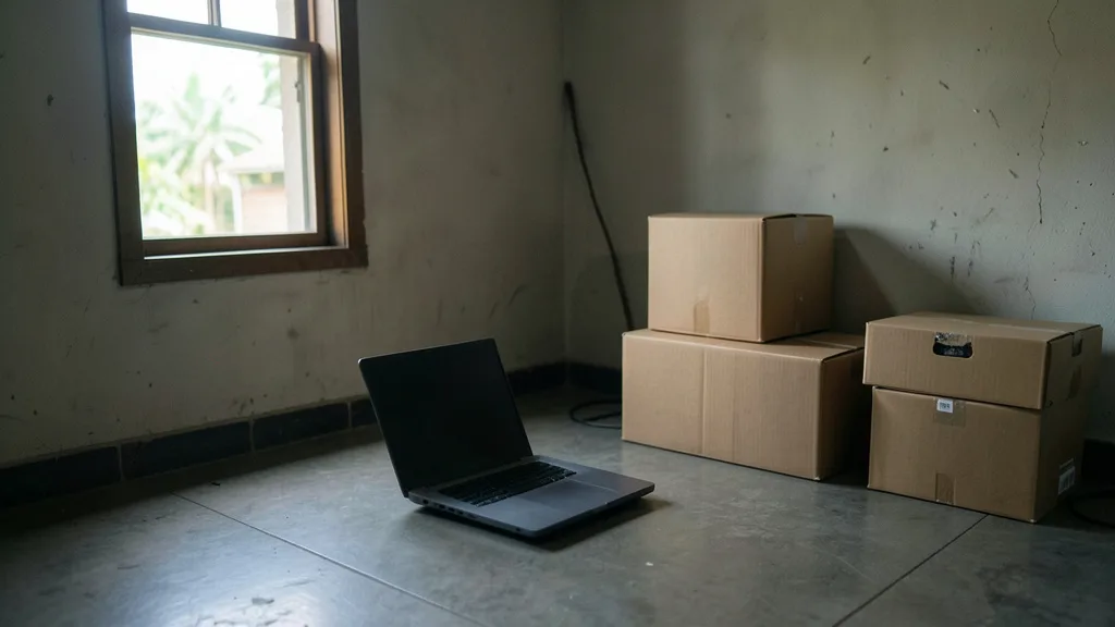 Imagem gerada por IA: Laptop fechado e caixas sem identificação em uma casa vazia nas Filipinas.