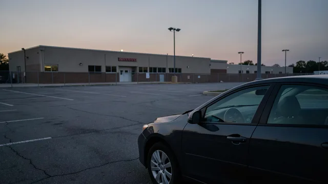 Imagem gerada por IA: Carro estacionado diante de um centro de treinamento de futebol americano.