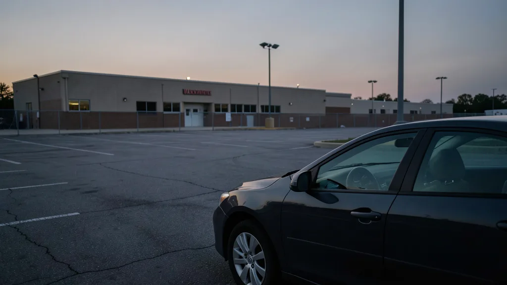Imagem gerada por IA: Carro estacionado diante de um centro de treinamento de futebol americano.