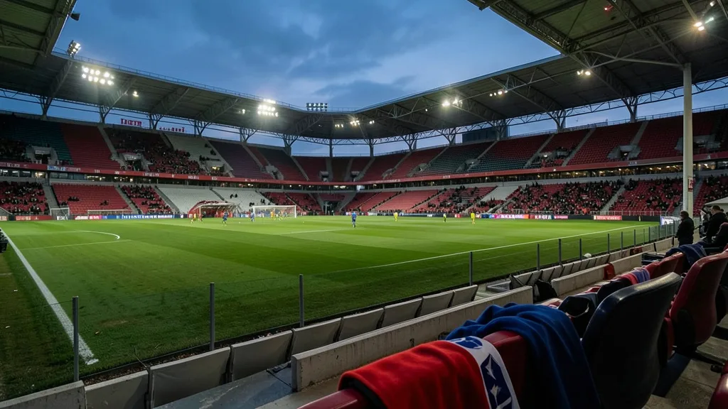 Imagem gerada por IA: Estádio de futebol vazio ao anoitecer, com um cachecol nas cores de Portugal sobre uma cadeira.