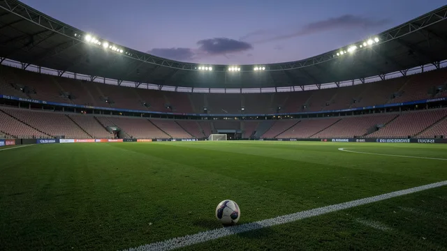 Bola à beira do campo em um estádio preparado para uma partida internacional de futebol.