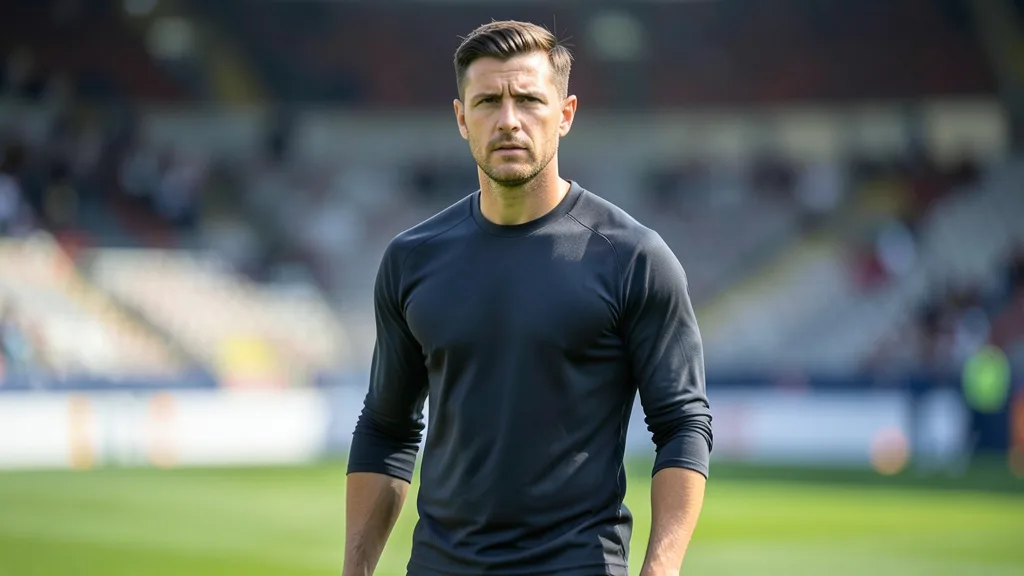Imagem gerada por IA: Jorginho em pé no campo durante um treino de futebol.