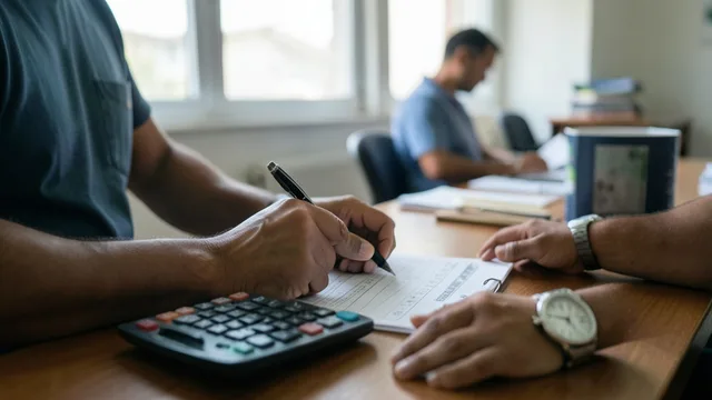 Imagem gerada por IA: Trabalhador confere uma folha de ponto ao lado de uma calculadora.