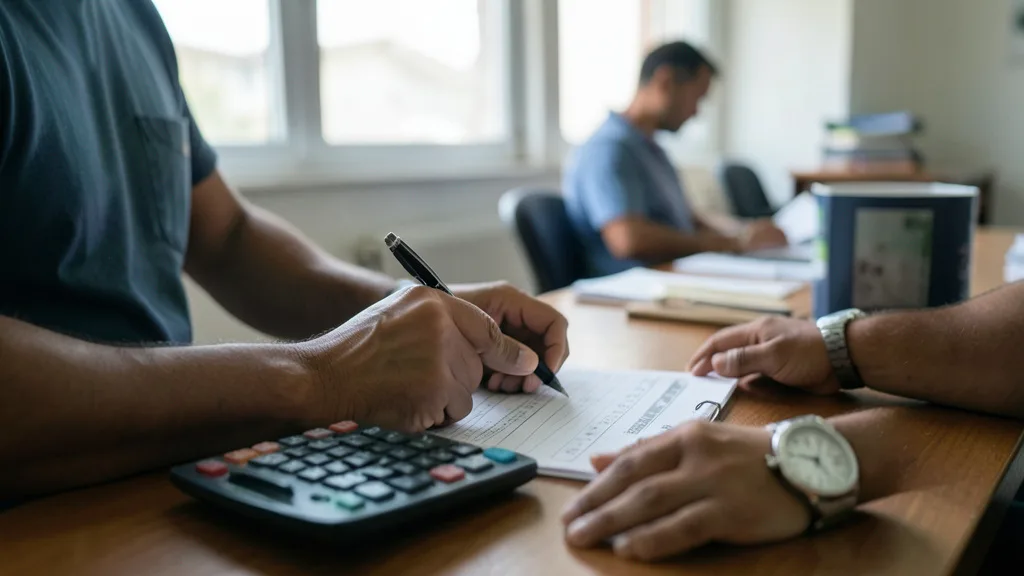 Imagem gerada por IA: Trabalhador confere uma folha de ponto ao lado de uma calculadora.