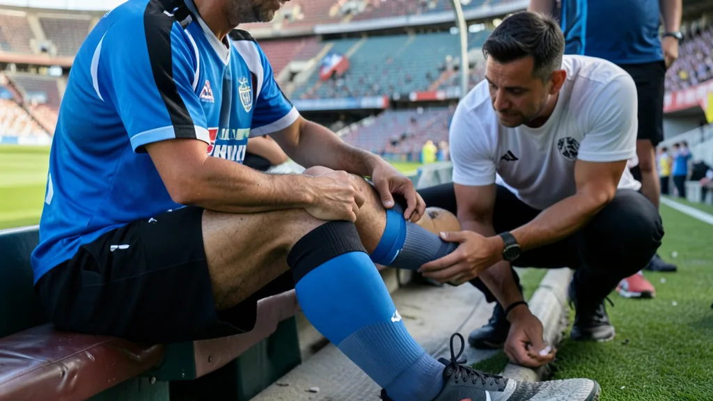 Imagem gerada por IA: Jogador genérico sentado à beira do campo enquanto um profissional examina sua coxa esquerda.