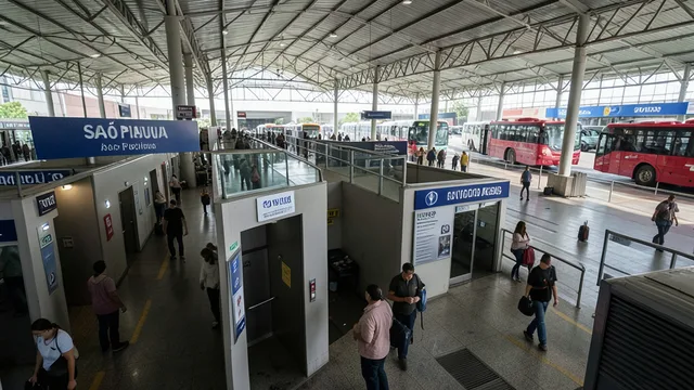 Imagem gerada por IA: Área interna de um terminal rodoviário, com passageiros ao fundo.