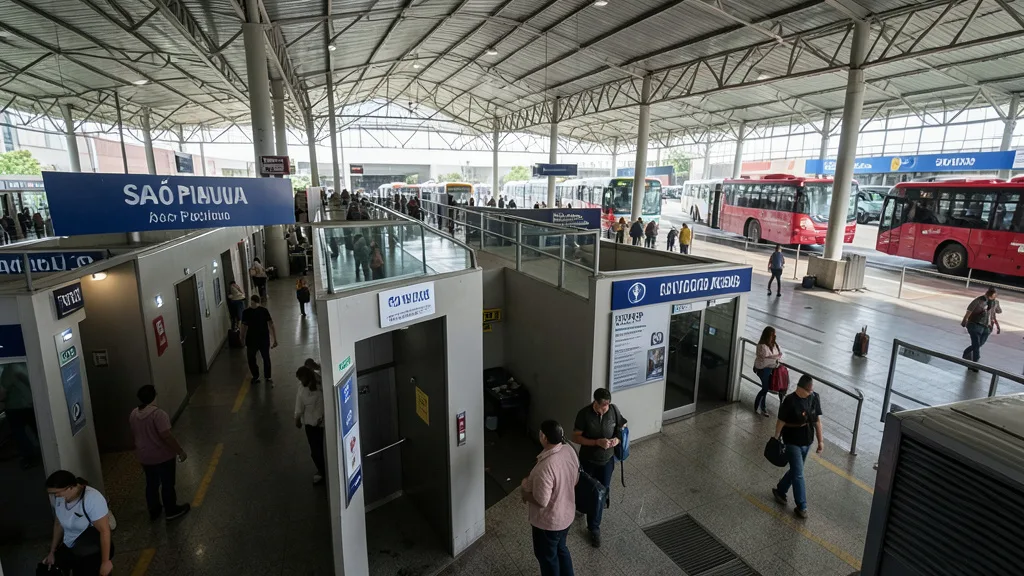 Imagem gerada por IA: Área interna de um terminal rodoviário, com passageiros ao fundo.