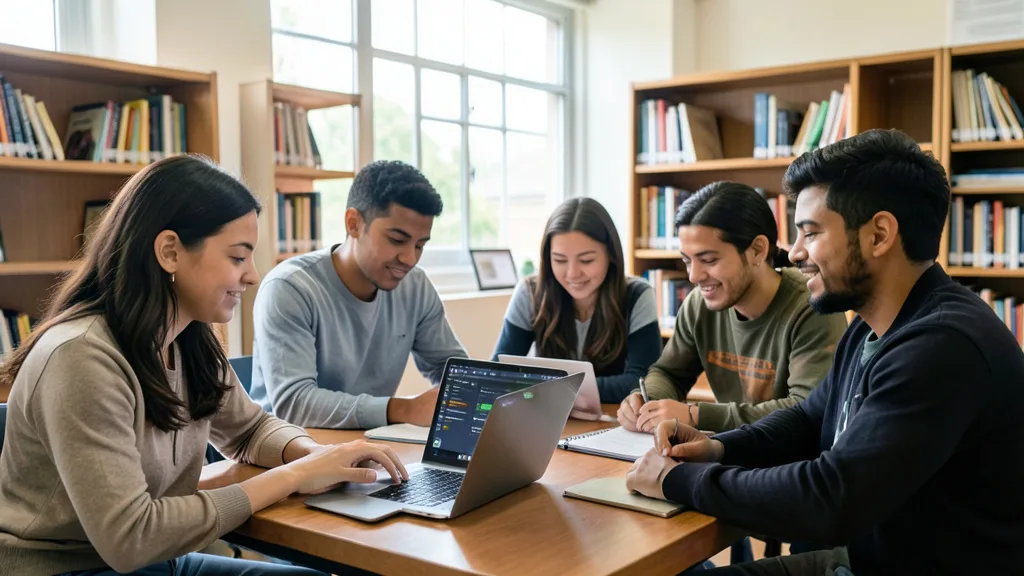 Imagem gerada por IA: Jovens estudam juntos diante de um laptop em uma biblioteca.