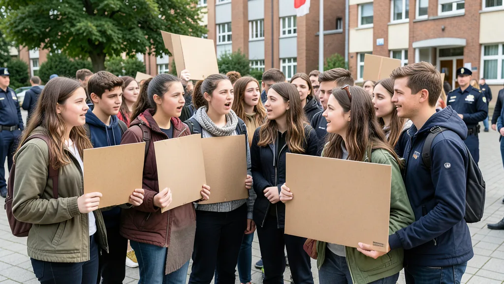 Imagem gerada por IA: Estudantes se reúnem diante de uma escola durante um protesto.