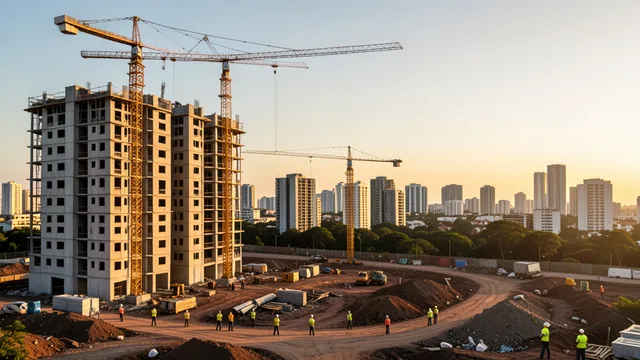 Imagem gerada por IA: Obras de edifícios residenciais com guindastes e prédios ao fundo.