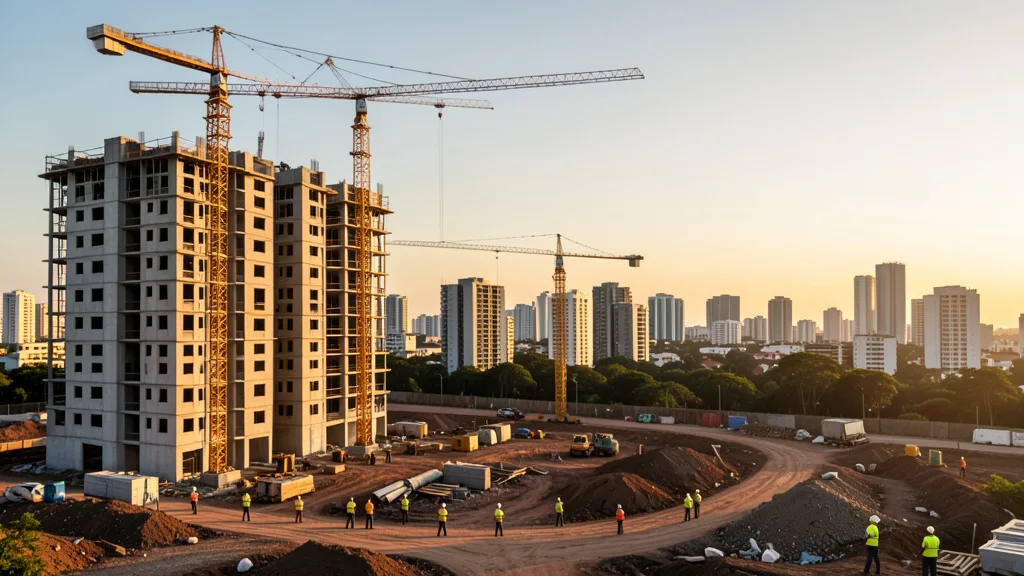 Imagem gerada por IA: Obras de edifícios residenciais com guindastes e prédios ao fundo.