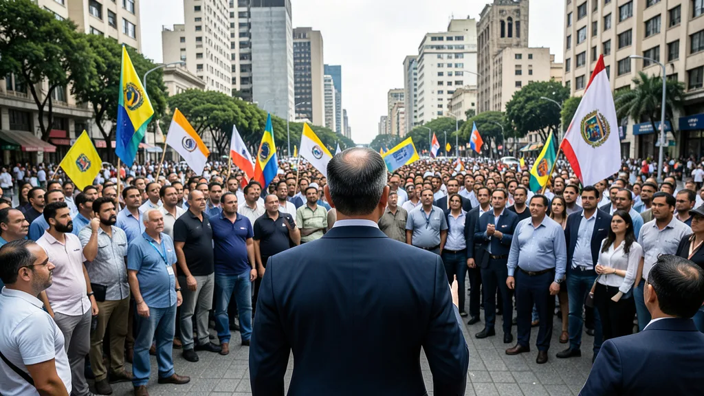 Imagem gerada por IA: Manifestação política em uma praça de Caracas, com um orador de costas diante da multidão.