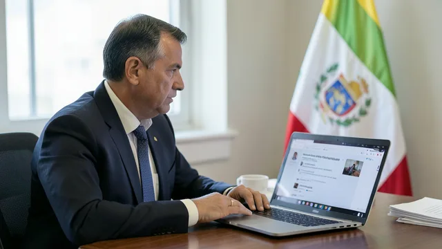 Imagem gerada por IA: Funcionário público argentino diante de um computador, com uma bandeira da Argentina ao fundo.